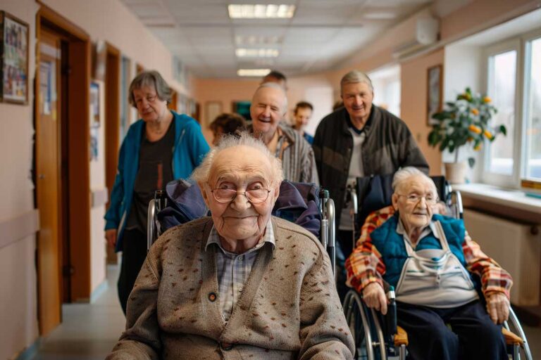 Two adult children holding hands with an elderly parent in a comfortable assisted living room.